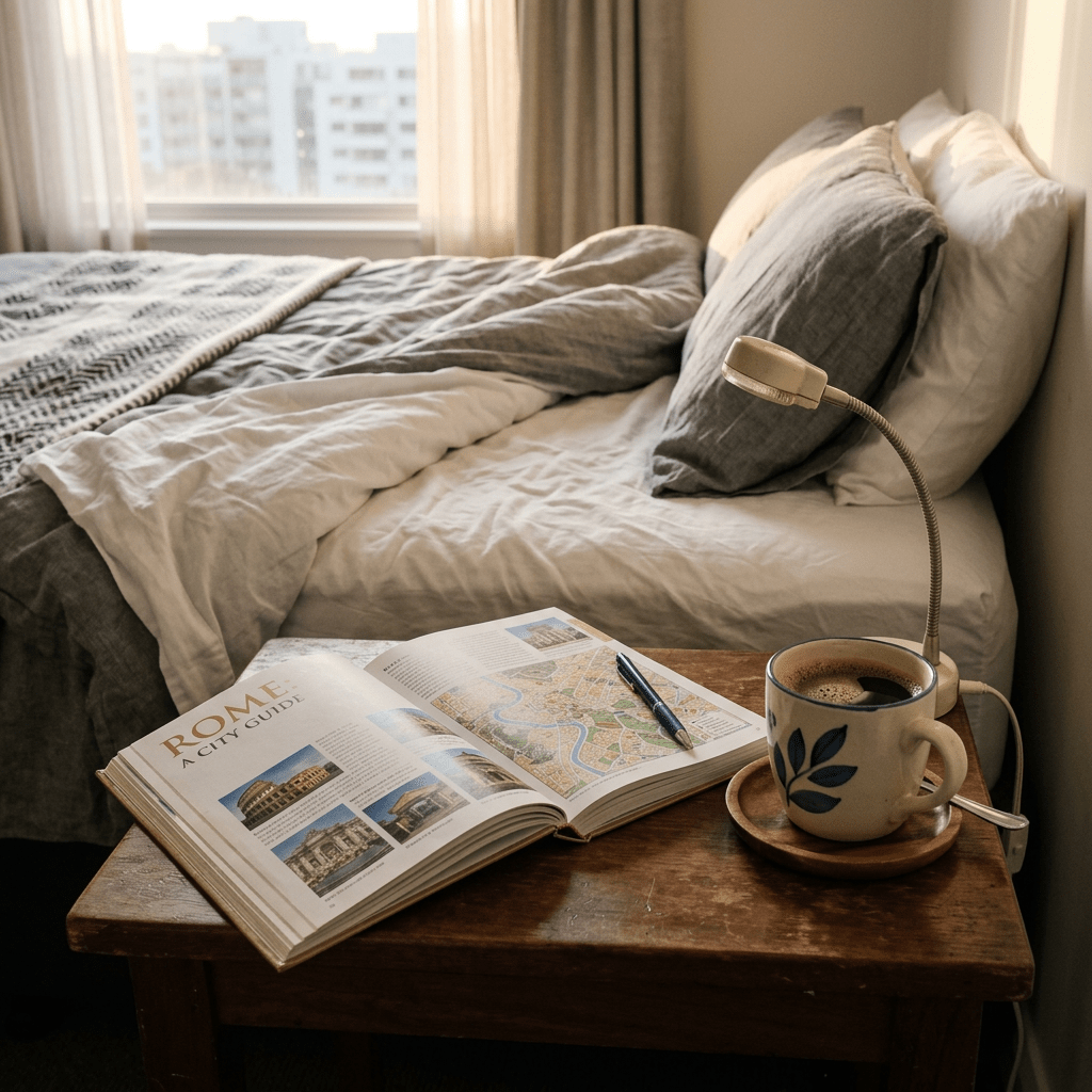 Open Rome city guidebook with pen and coffee cup on bedside table